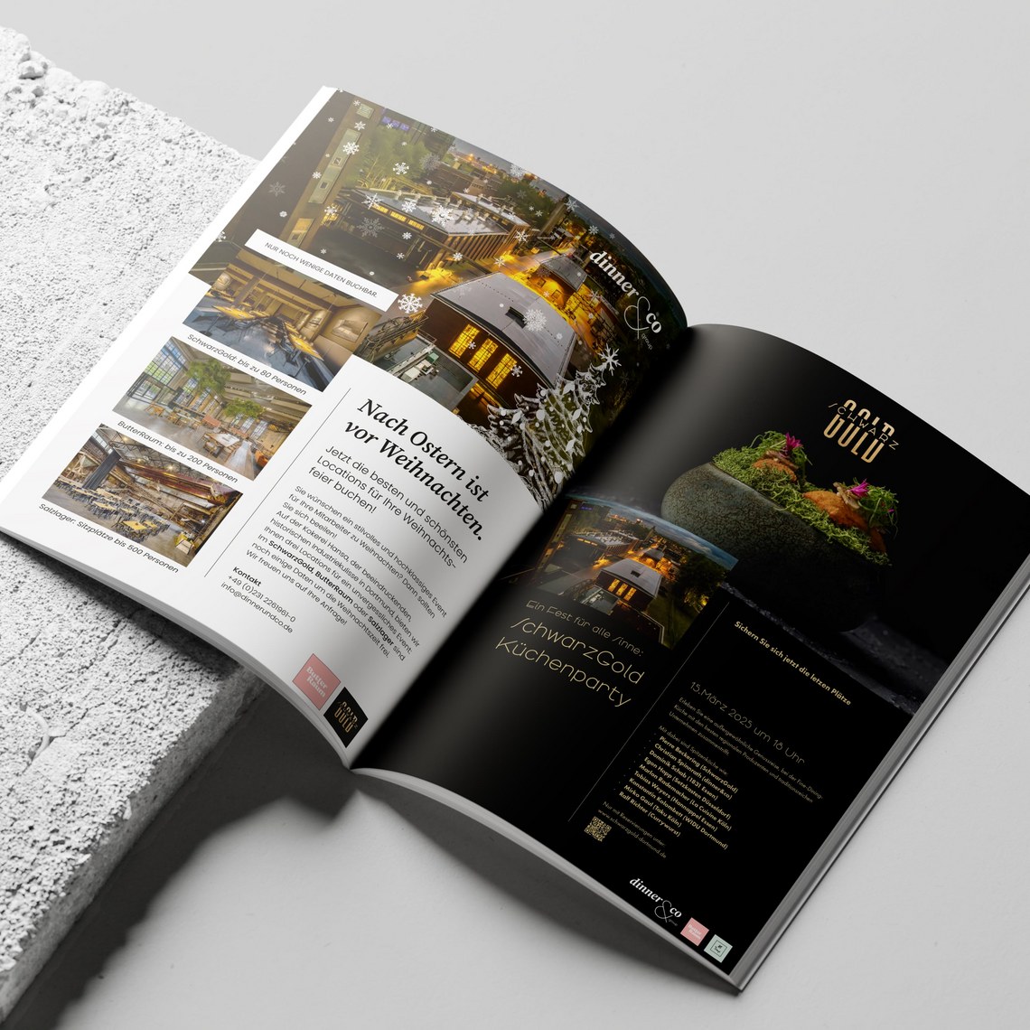 Offenes Magazin mit Weihnachtswerbung und Bildern von Restaurants.