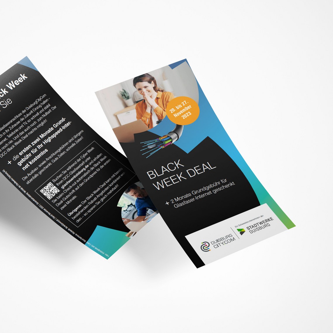 Flyer mit "Black Week Deal": 2 Monate gratis Glasfaser-Internet vom 20.-27. November 2023.