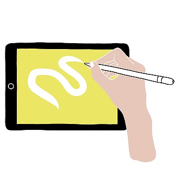 Eine Hand illustriert auf einem iPad.