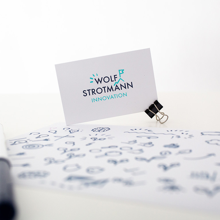 Wolf Strotmann Innovation – Visitenkarte steht mit Heftklammer auf Tisch