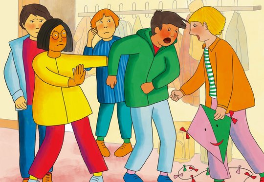 Illustration Kinder streiten sich und schreien sich an andere wollen deeskalieren 