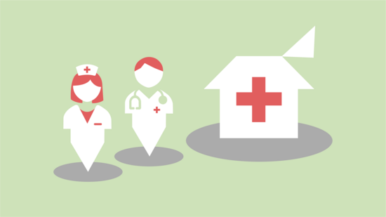 Illustration ein weißes Haus mit offenem Dach und rotem Kreuz, daneben ein Arzt und eine Krankenschwester