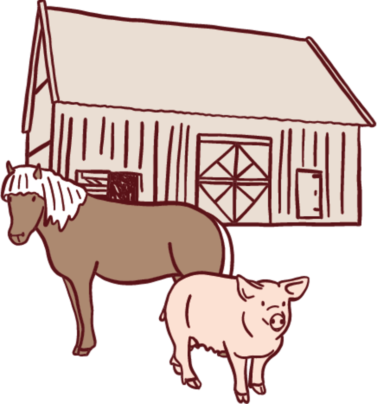 Illustration einer Scheune mit einem Pferd und einem Schwein davor.