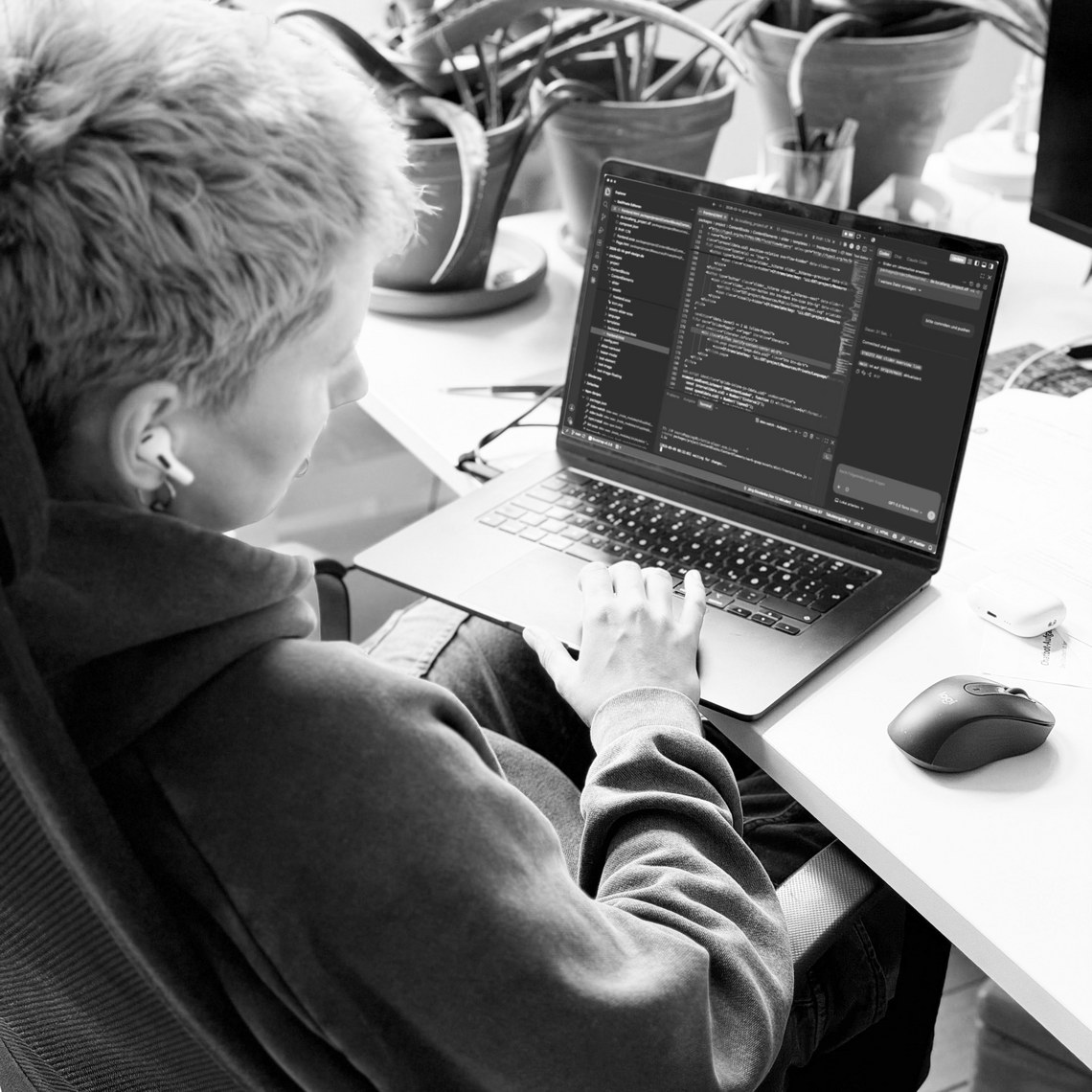 Person programmiert an einem Laptop neben Pflanzen.