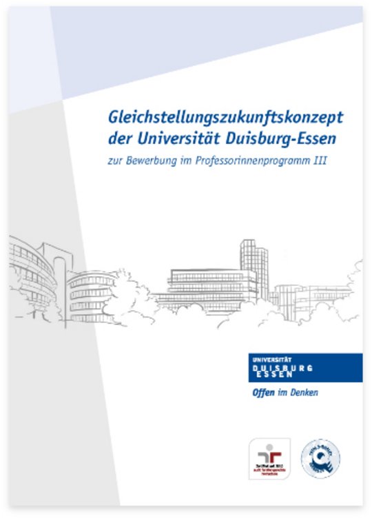 Broschüre mit dem Titel 'Gleichstellungszukunftskonzept der Universität Duisburg-Essen zur Bewerbung im Professorinnenprogramm III'. Die Illustration im Hintergrund zeigt eine fein gemalte Skyline der Universitätsgebäude. Unten rechts befindet sich das Logo der Universität Duisburg-Essen mit dem Slogan 'Offen im Denken'