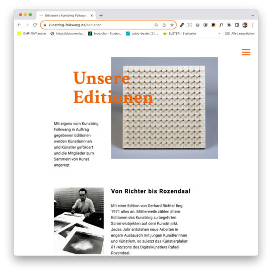 Kunstring Folkwang Layout Website Bereich unsere Editionen mit orangener dicker Typografie 