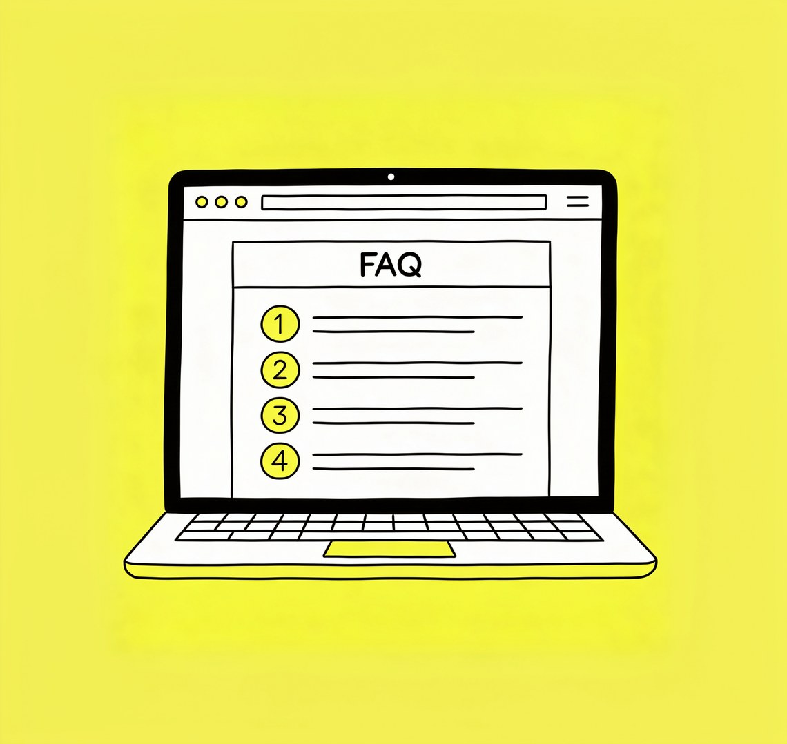 Laptop mit FAQ-Seite auf gelbem Hintergrund.