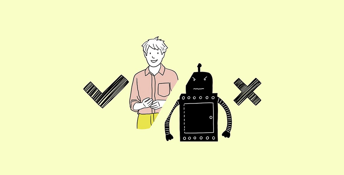 Illustration eines lächelnden Menschen mit Häkchen und eines Roboters mit Kreuz.