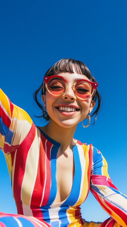 Bunt gekleideter Mensch mit oranger Sonnenbrille