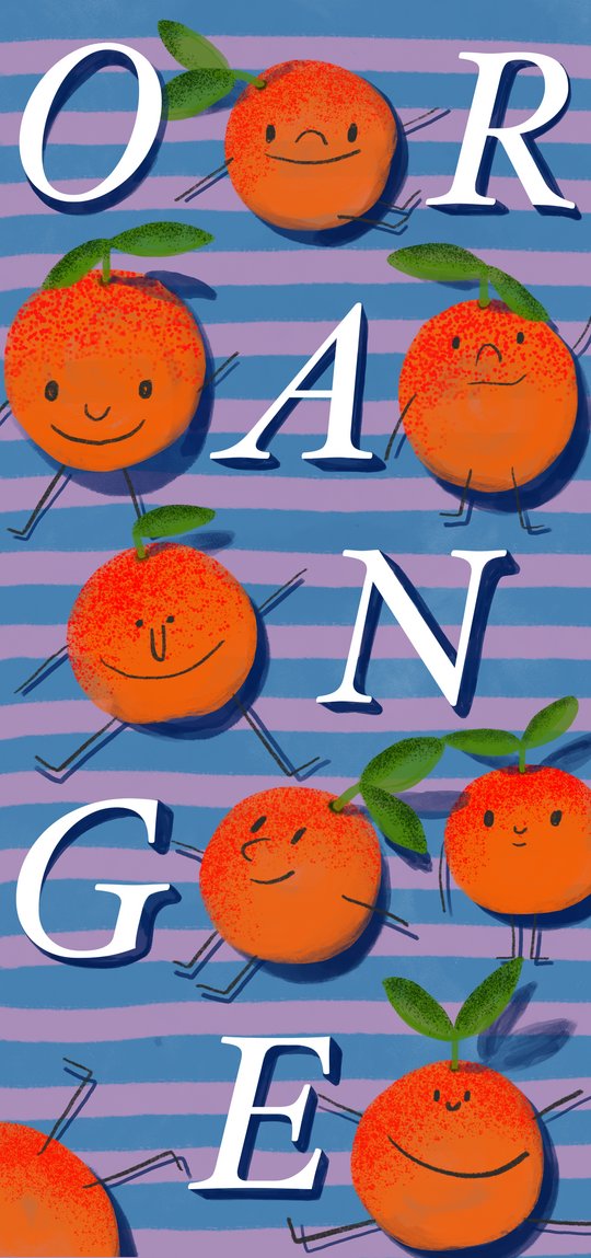 Wallpaper Oktober das Wort Orange auf einem gestreiften Hintergrund und illustrierte Orangen mit Gesichtern dazwischen