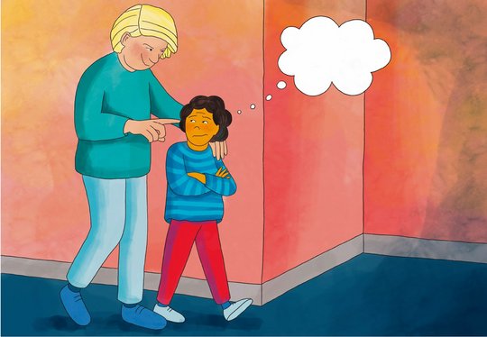 Illustration eine erwachsene Person geht mit einem Kind in eine dunkle Ecke. Über dem Kind ist eine leere Gedankenblase.