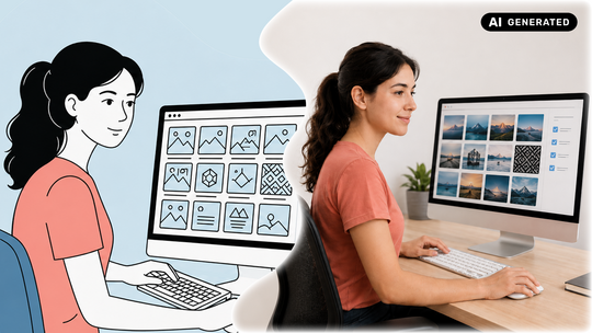 Vergleich: Bild einer Frau, die am PC arbeitet. Links Illustrationsstil KI Bild, rechts photorealistisches KI Bild.