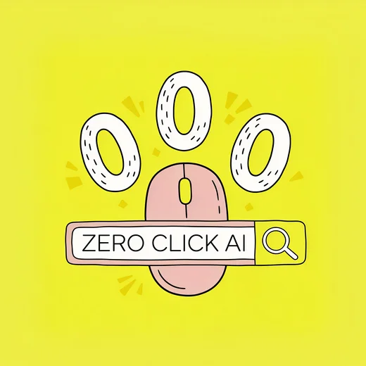 Gelber Hintergrund mit Maus, "ZERO CLICK AI" und Lupe-Grafik.