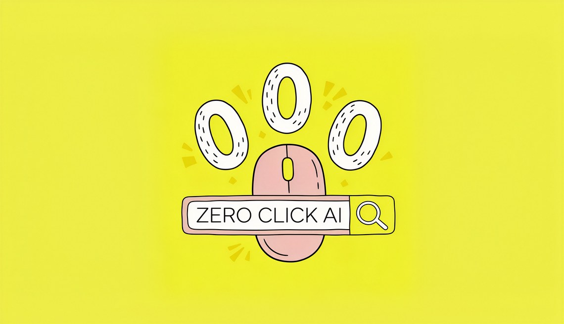 Gelber Hintergrund mit Maus, "ZERO CLICK AI" und Lupe-Grafik.