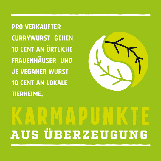 Illustration mit einem runden Symbol mit zwei Blättern in Yin-Yang-Form. Links ein Text über Spenden, darunter „Karmapunkte aus Überzeugung“ in großen Buchstaben. 