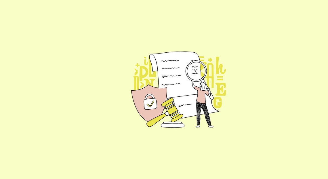 Illustration: Person mit Lupe überprüft Dokument, Gavel und Schild symbolisieren Recht und Schutz.