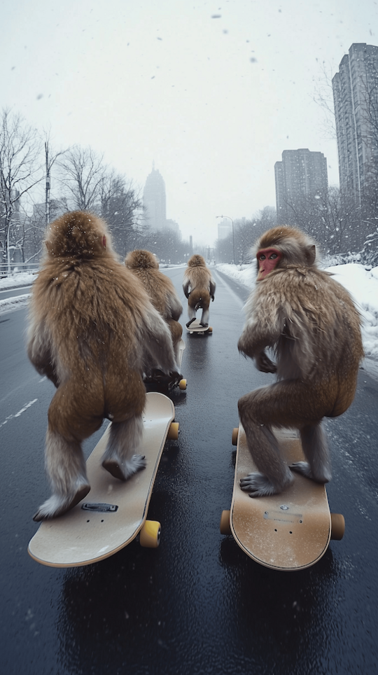 Affen auf Skateboards im Winter