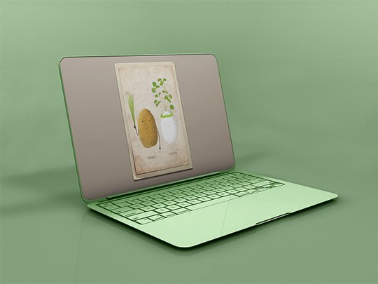 Auf dem Bildschirm eines grünen Laptops ist eine Illustration einer Kartoffel zu sehen.