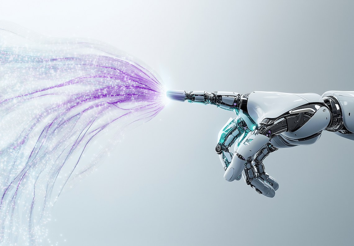 Roboterhand berührt leuchtende, lilafarbene, strahlende Energie.