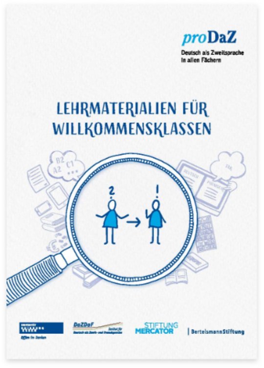 Titelseite eines Lehrmaterials mit dem Titel 'Lehrmaterialien für Willkommensklassen' und dem Logo 'proDaZ – Deutsch als Zweitsprache in allen Fächern'. In der Mitte ist eine Lupe abgebildet, die zwei stilisierte Figuren zeigt, die miteinander kommunizieren. Unten befinden sich Logos von Förderpartnern