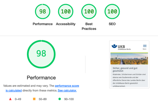 Google Lighthouse Test Unfallkasse Berlin: Alle Leistungsindikatoren im grünen Bereich