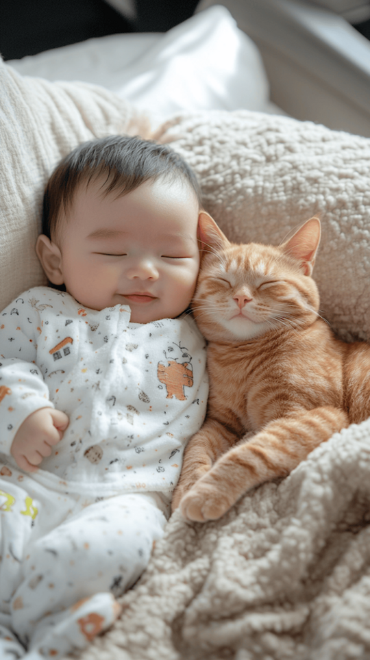 Asiatisches Baby kuschelt mit rotgestreifter Katze