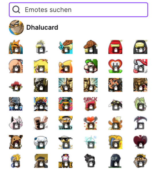 Emote-Bar mit noch nicht freigeschalteten Custom-Emotes des Gaming- und Cosplay-Streamers Dhalucard