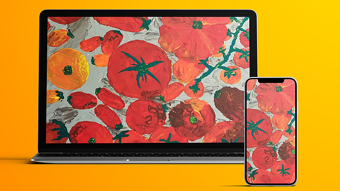 Bildschirm eines Laptops und eines Handys mit Tomaten-Illustration