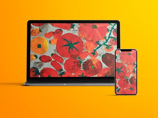 Bildschirm eines Laptops und eines Handys mit Tomaten-Illustration