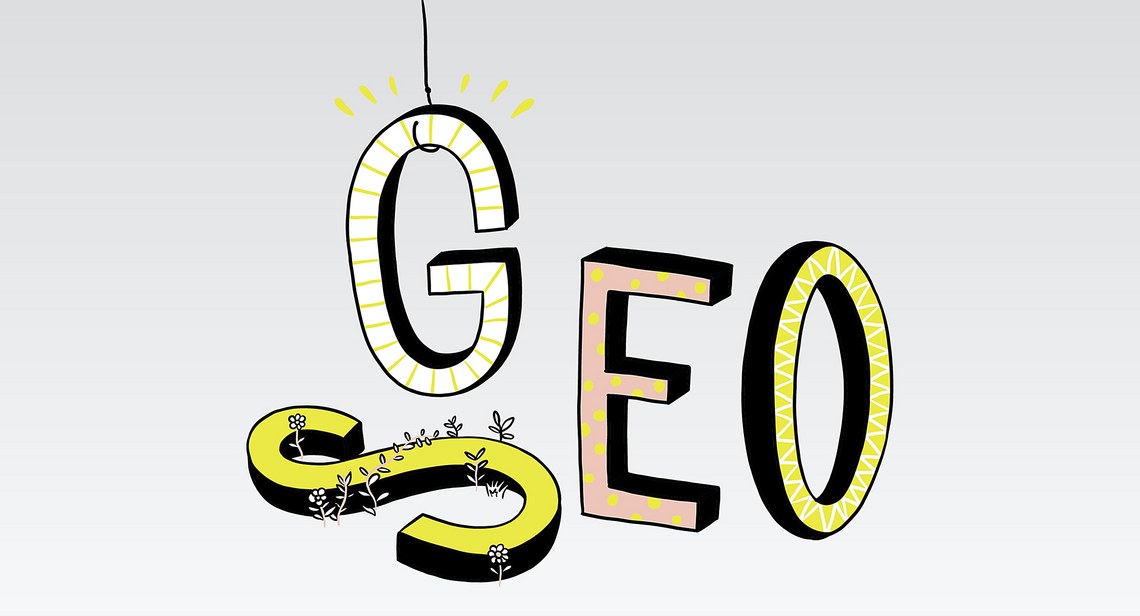 Das Wort "GEO" in stilisierten, farbigen Buchstaben mit Pflanzenmotiven.
