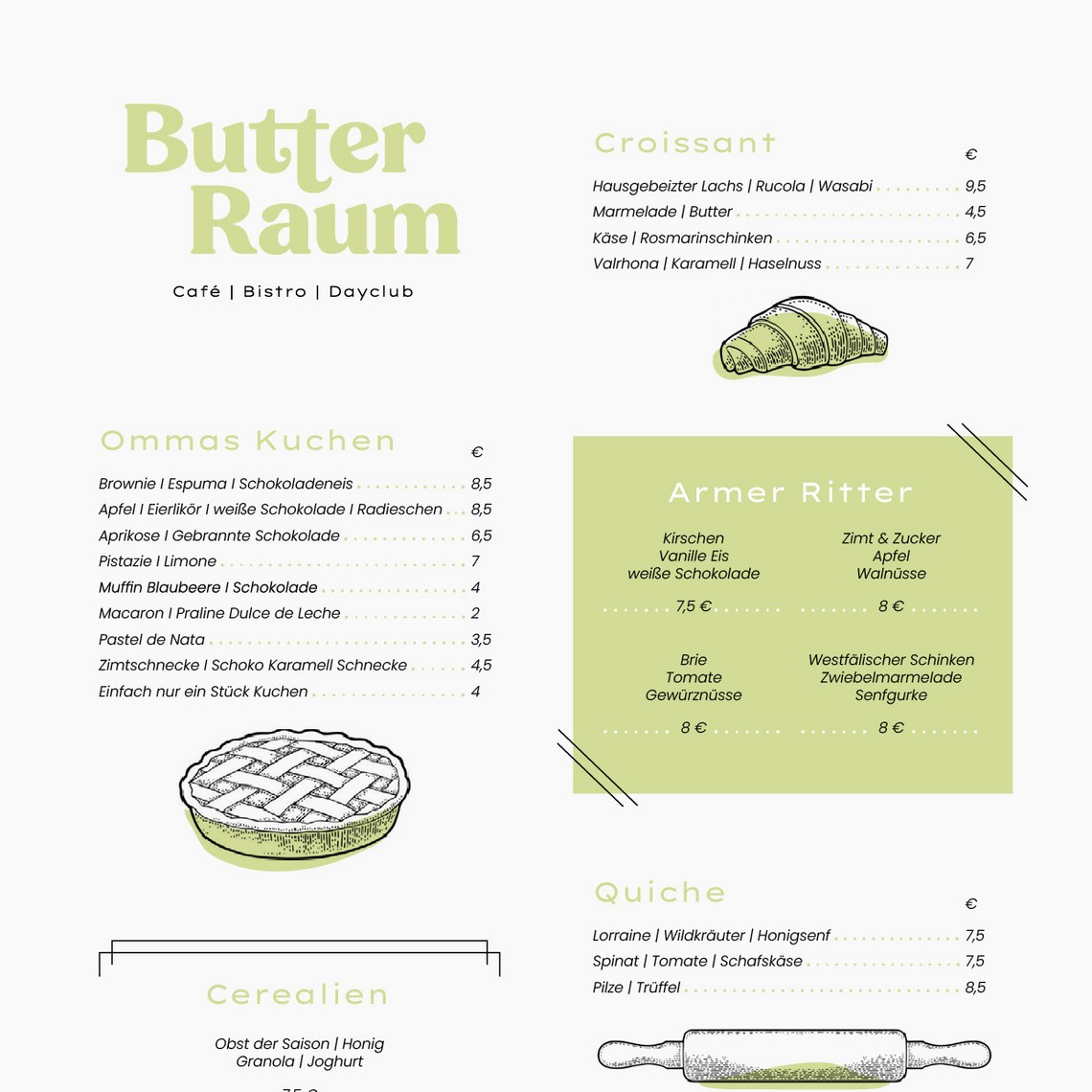 Café-Menü mit Kuchen, Quiche, Stullen, Croissants und Armer Ritter.