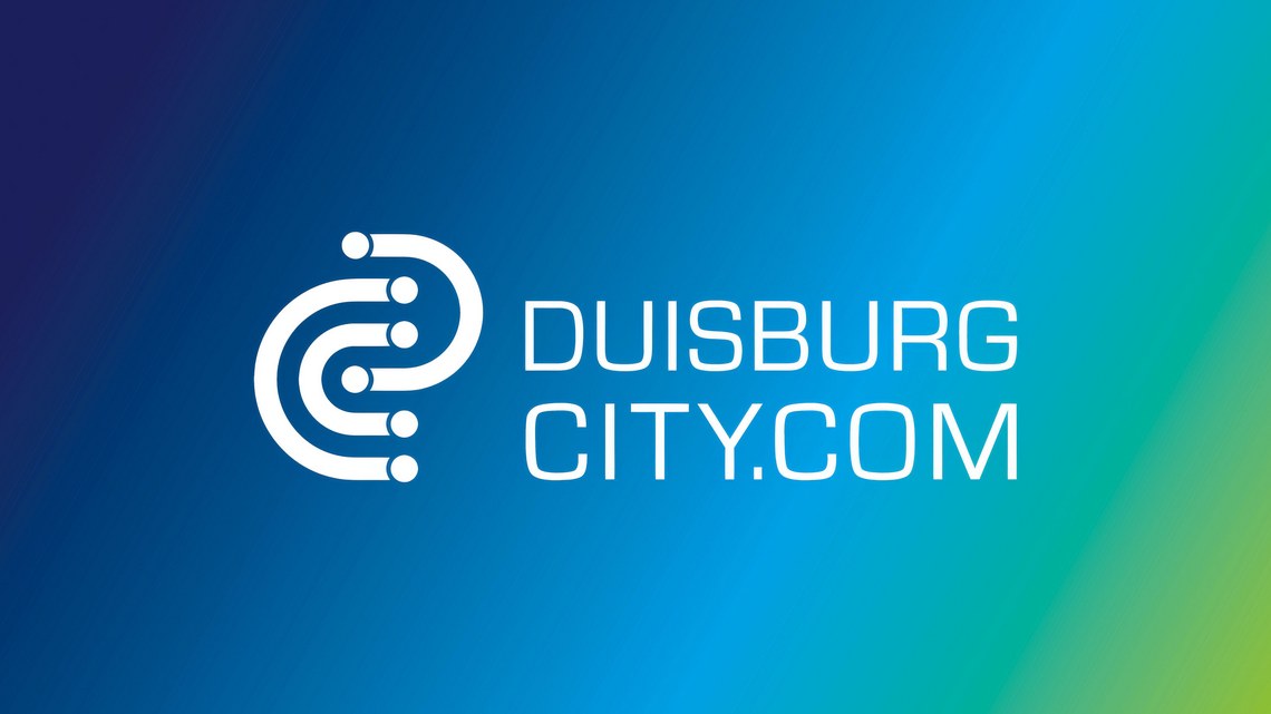 Logo von "DUISBURGCITY.COM" auf blau-grünem Hintergrund.