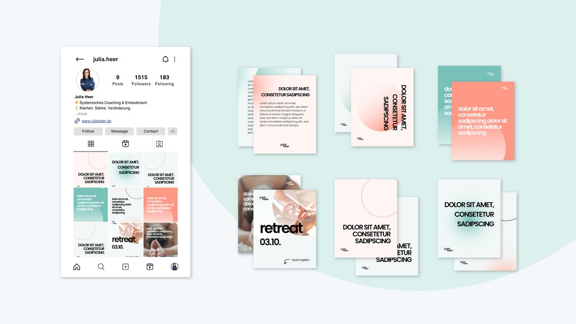 Instagram-Profil und bunte Post-Designs mit Texten auf hellem Hintergrund.