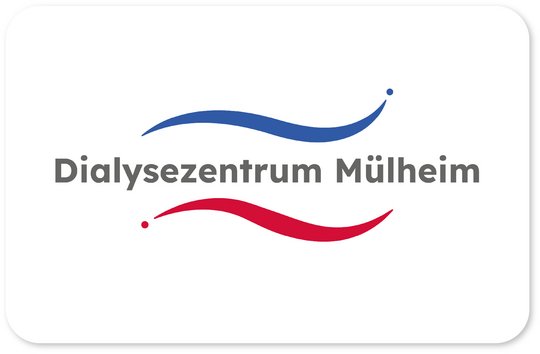 Dialysezentrum Mühlheim Logo Grauer Schriftzug Dialysezentrum Mühlheim und blaue und rote Welle über unter unter Schriftzug 