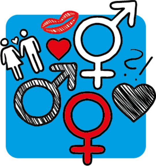  Illustration mit Symbolen zur Sexualität, darunter die Geschlechterzeichen für Mann und Frau, ein Herz, ein Kussmund, ein schwarzes Herz und ein Piktogramm eines Paares mit Herzsymbolen.