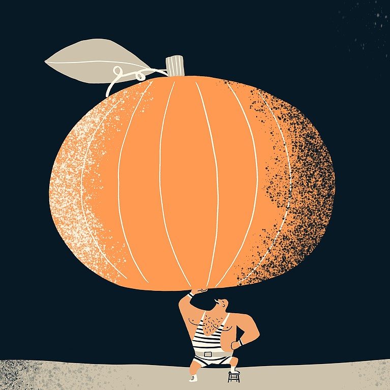 Eine Illustration zeigt einen Gewichtheber, der einen riesigen Kürbis trägt.