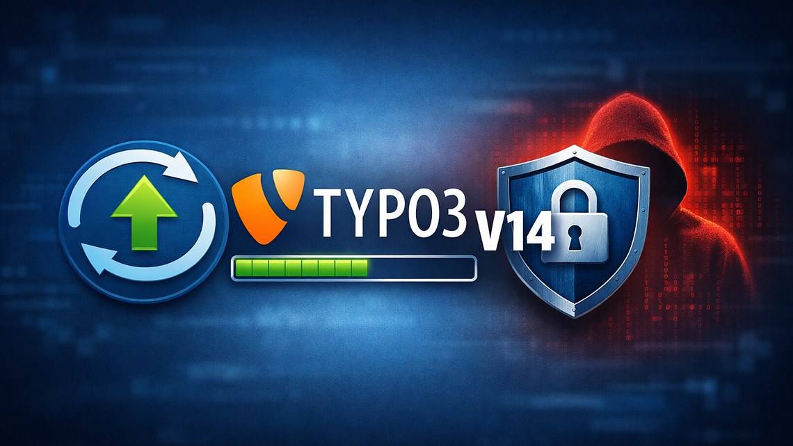 TYPO3 v14 Update-Symbol, Fortschrittsbalken und Sicherheitsschild mit Kapuzengestalt im Hintergrund.