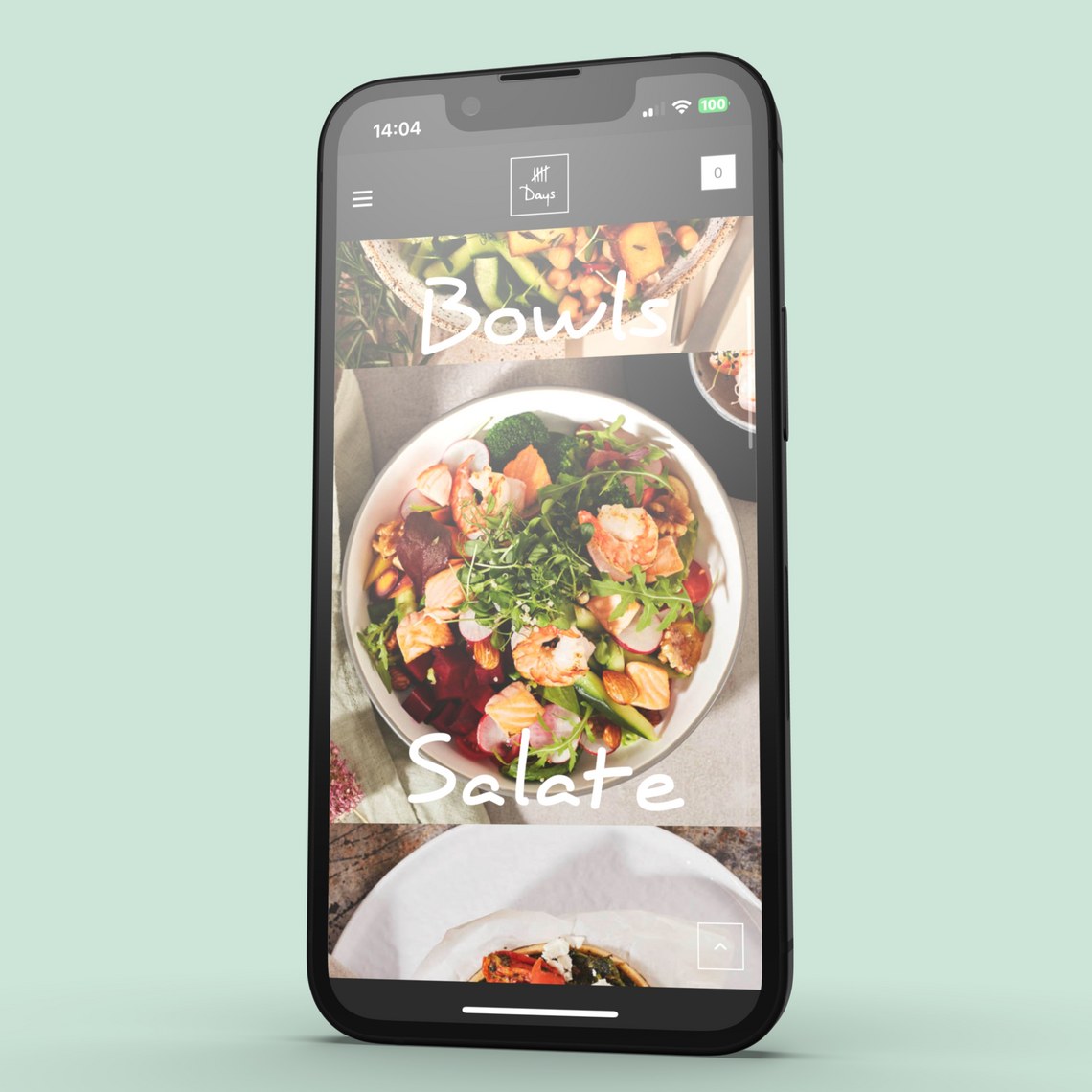Smartphone zeigt eine App mit Bildern von Bowls und Salaten.