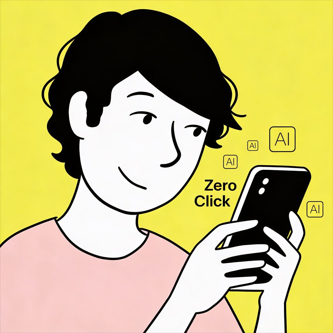 Illustration: Person nutzt Smartphone, umgeben von "AI"-Bubbles, gelber Hintergrund.