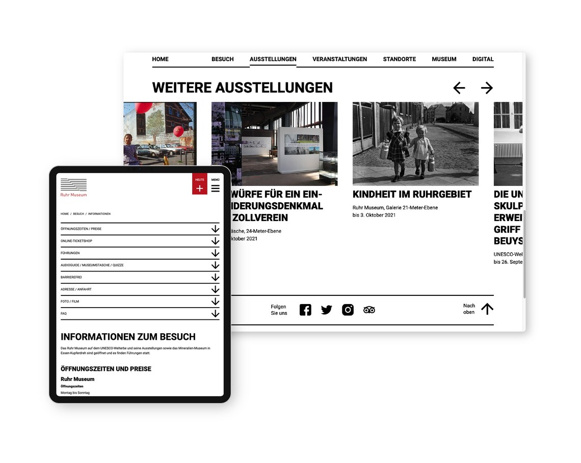 Tablet mit Ruhr Museum-Website vor Webseitenansicht der Ausstellungen.