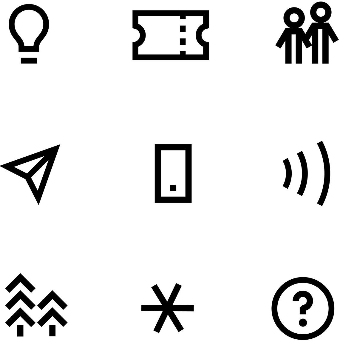 Neun minimalistische Icons, darunter Glühbirne, Ticket, Papierflugzeug, und Fragezeichen.
