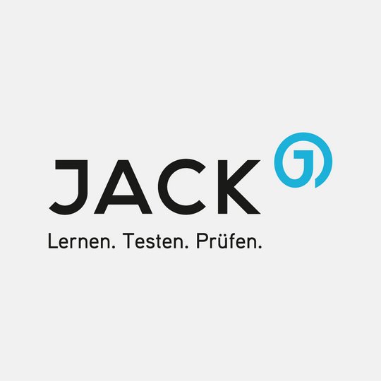 Logo von JACK mit dem Slogan 'Lernen. Testen. Prüfen.' Das Logo besteht aus dem Schriftzug in schwarzen Buchstaben, gefolgt von einem blauen Symbol