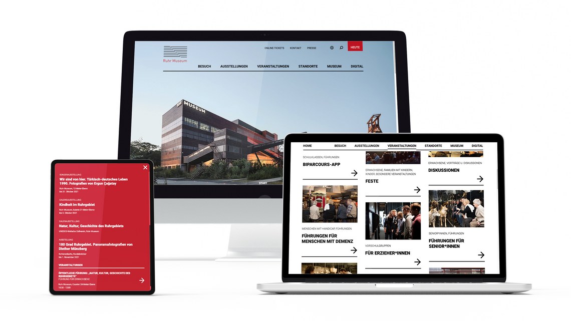 Tablet, Laptop und Monitor mit Ruhr Museum Website auf weißem Hintergrund.