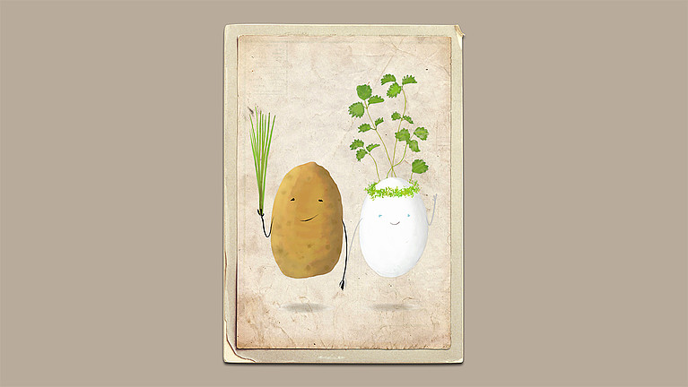 Illustration einer Kartoffel, die mit einem Ei Händchen hält.