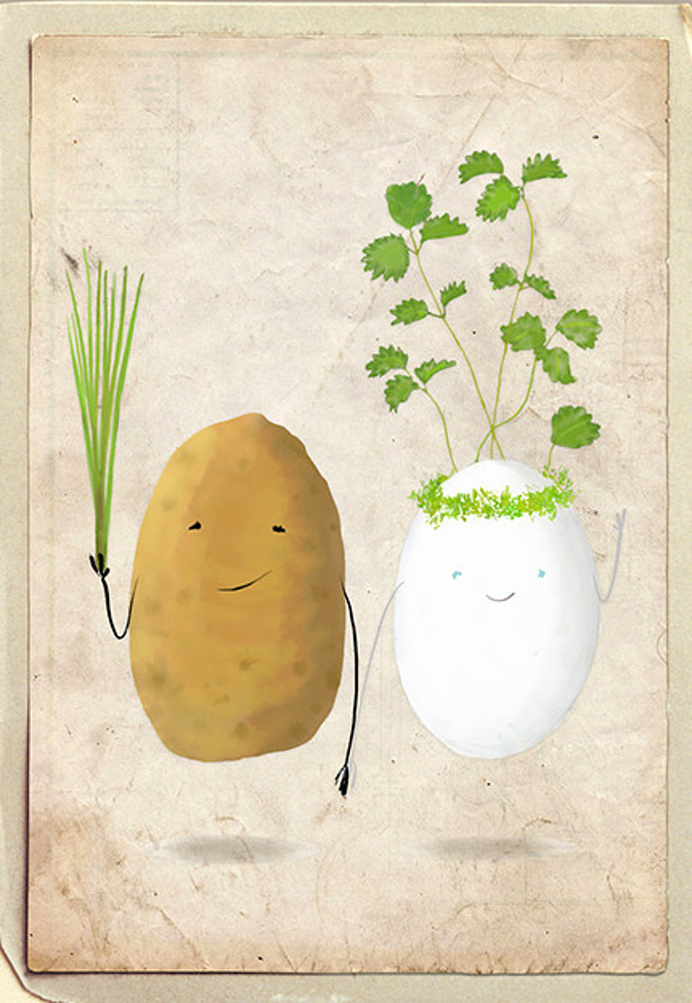 Illustration einer Kartoffel, die mit einem Ei Händchen hält.