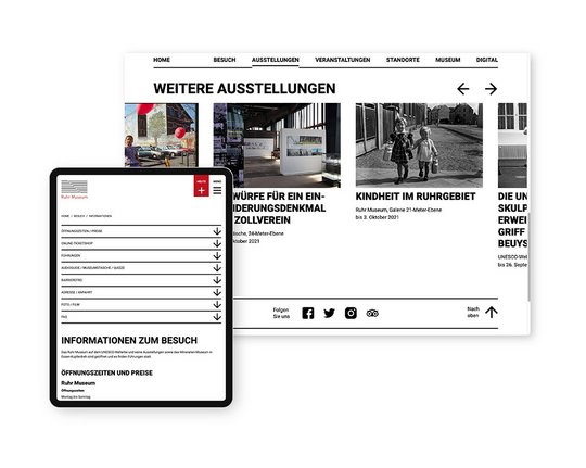 Darstellung der Ruhr Museum Webseite auf einem Tablet und einem Desktop-Bildschirm. Der Tablet-Bildschirm zeigt Informationen zu einem Museumsbesuch, während der Desktop-Bildschirm eine Liste von Ausstellungen und Veranstaltungen anzeigt