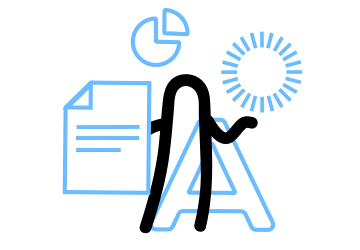 Strichmännchen vor Dokument, Kreisdiagramm und Sonne-Symbol.