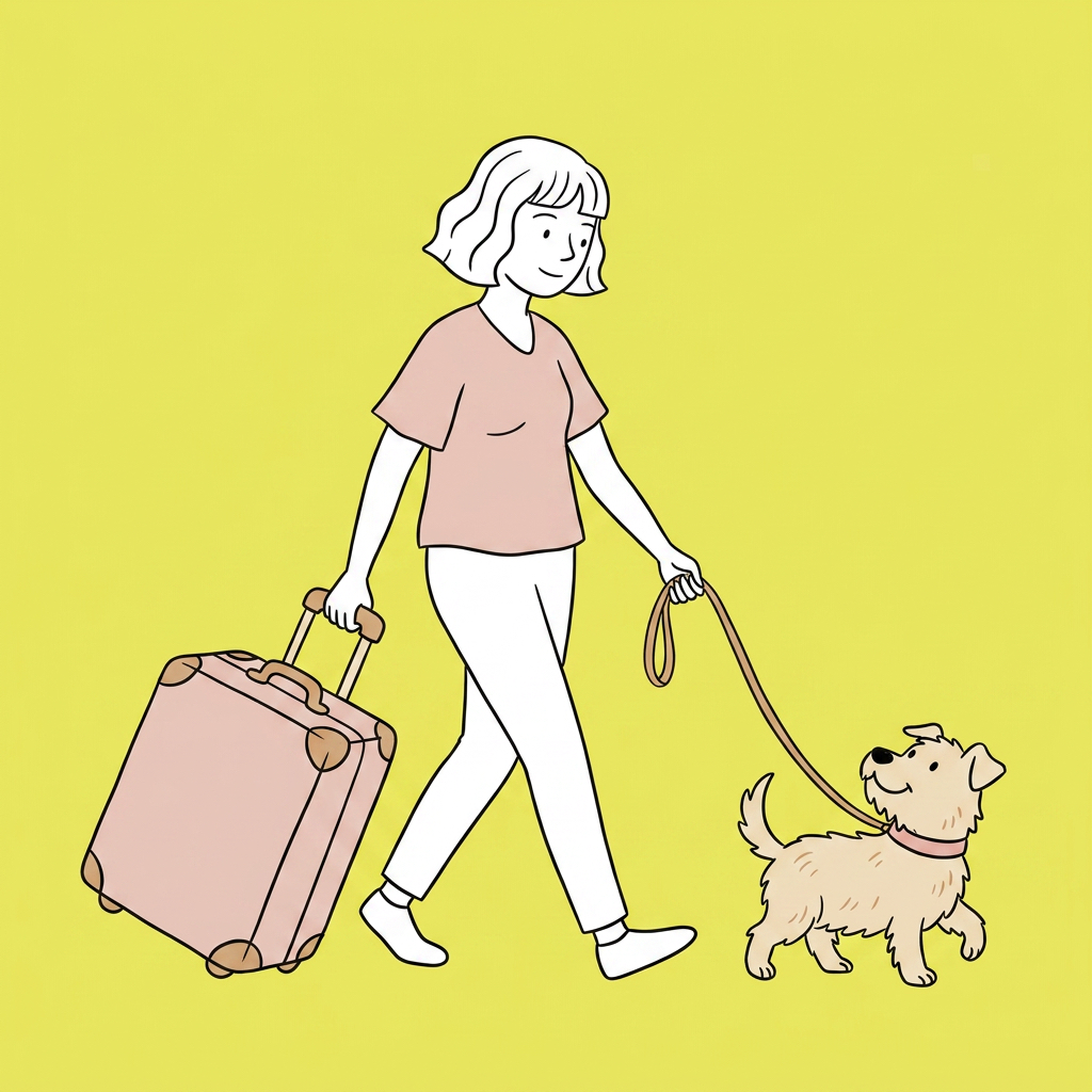 Frau mit Koffer und Hund an Leine vor gelbem Hintergrund.