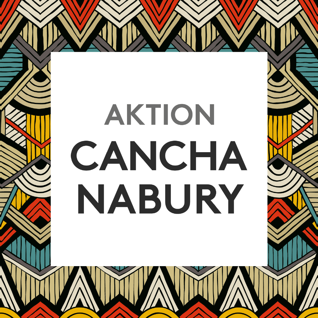 Text "Aktion Canchanabury" auf einem bunten geometrischen Musterhintergrund.